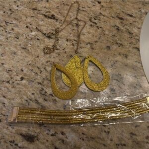 Gold Glitter Teardrop Pendant Necklace, bracelet and earring set